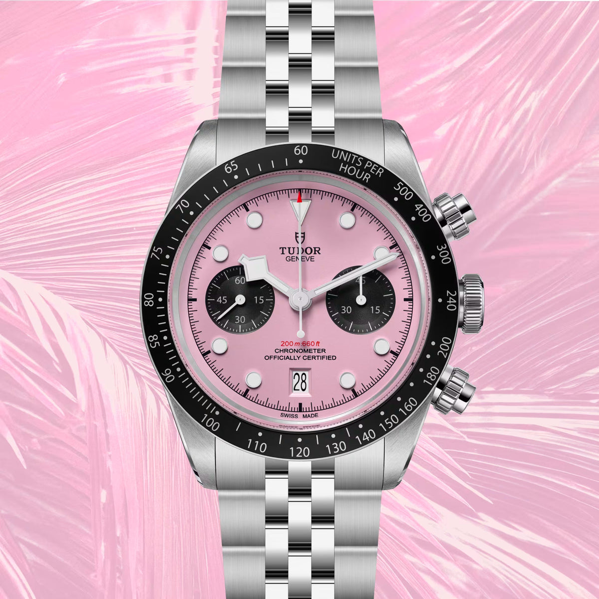 Tudor Black Bay Chrono Pink Dial Silver Steel Strap Watch for Men - M79360N-0019