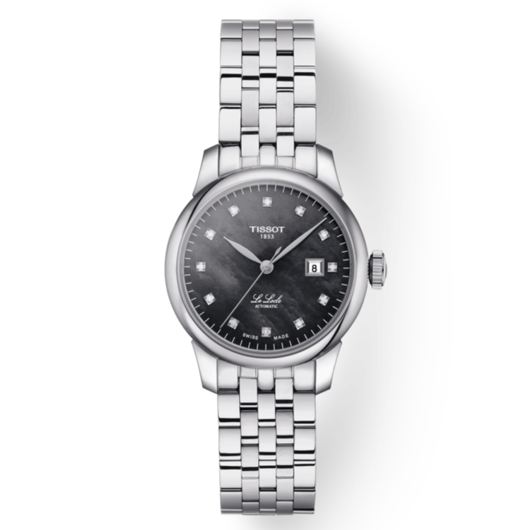 Shop Authentic Tissot Le Locle Automatic Diamonds Mother of Pearl Black Dial Silver Steel Strap Watch For Women - T006.207.11.126.00 - Luxxuri
