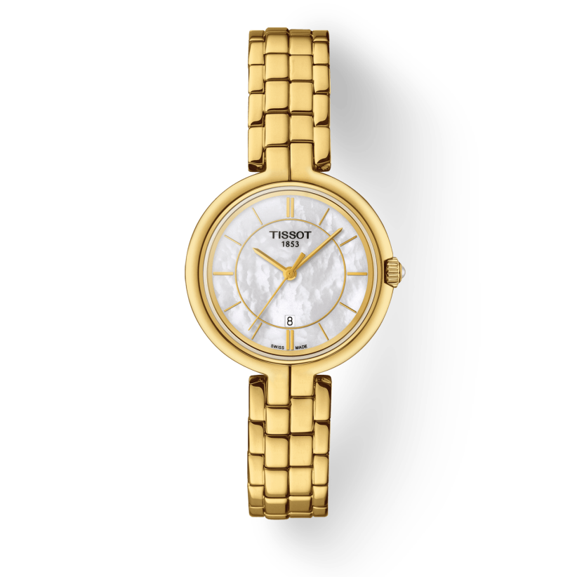 Shop Authentic Tissot Flamingo Mother of Pearl White Dial Gold Steel Strap Watch For Women - T094.210.33.111.00 - Luxxuri