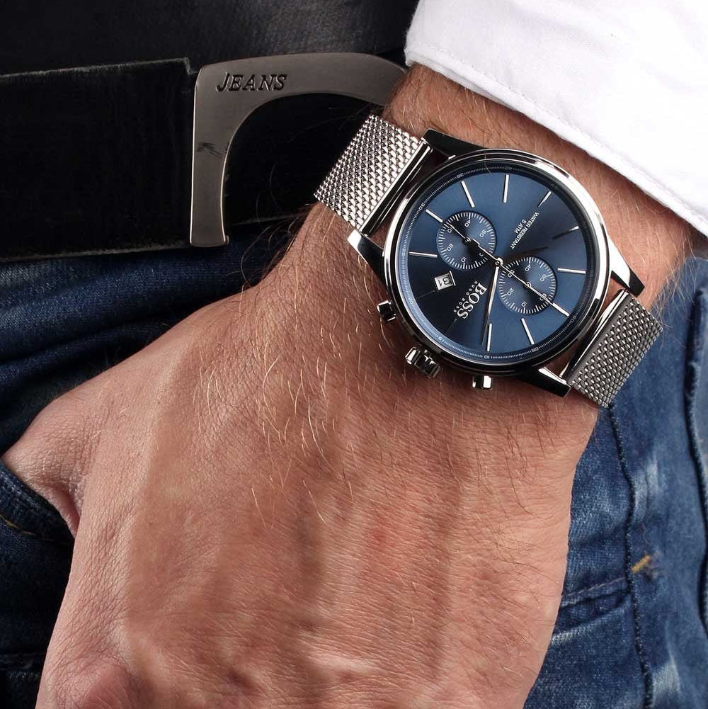 Hugo Boss Jet Chronograph Blue Dial Silver Mesh Bracelet Watch for Men - 1513441