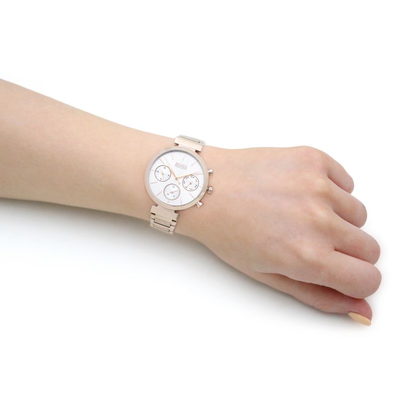 Hugo Boss Flawless Chronograph Silver Dial Rose Gold Steel Strap Watch for Women -1502531