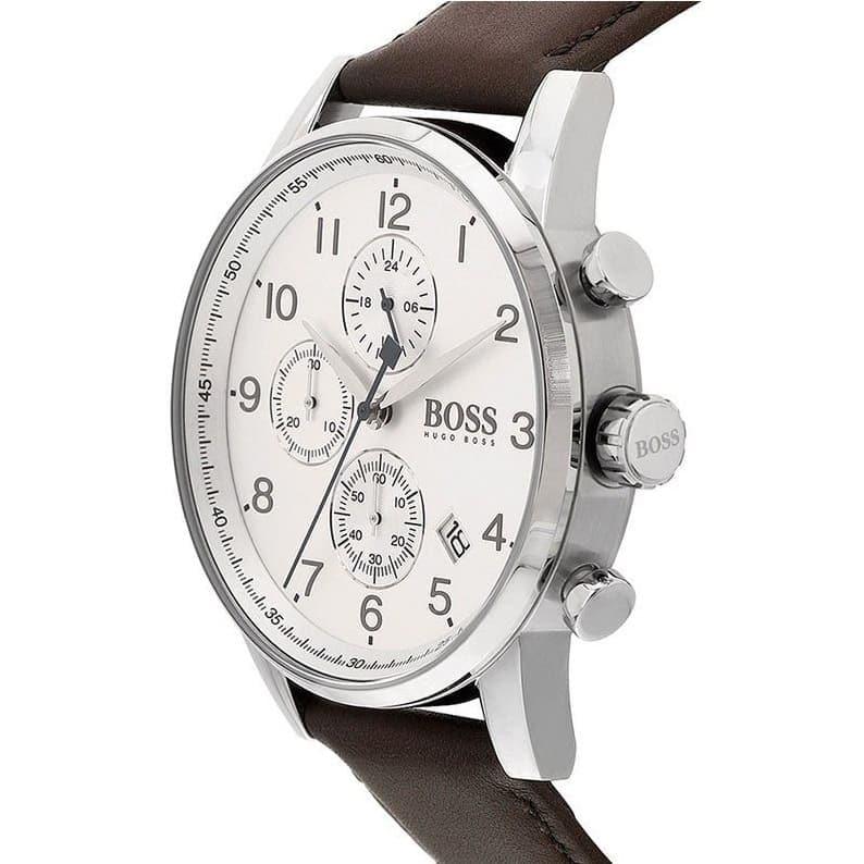 Hugo Boss Navigator Chronograph White Dial Brown Leather Strap Watch for Men - 1513495