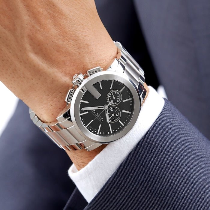 Gucci G Chrono Black Dial Silver Steel Strap Watch For Men - YA101204