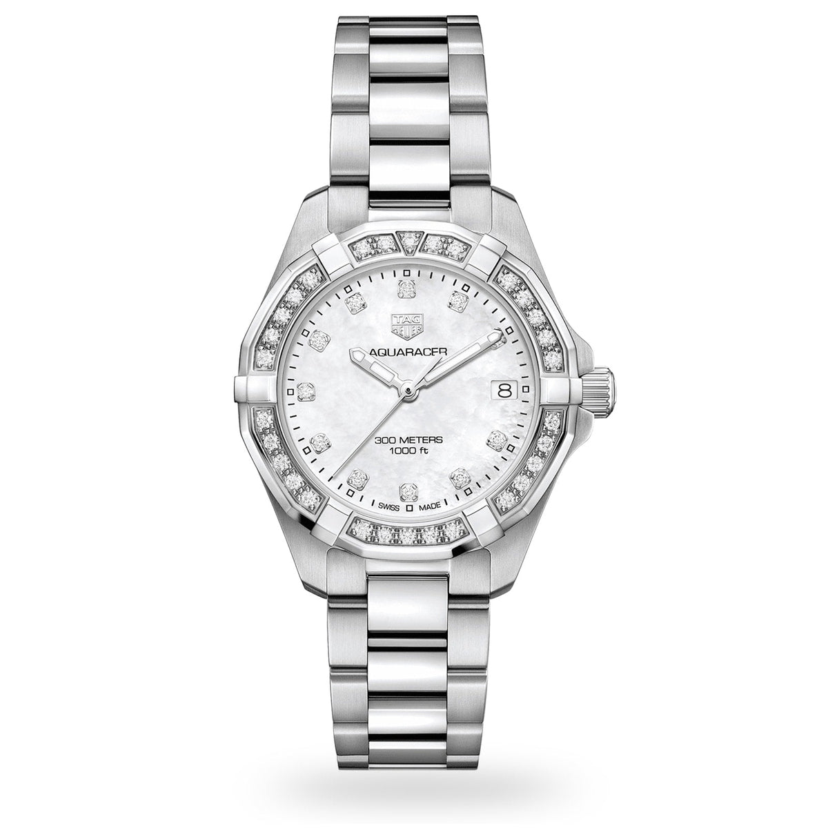 Shop Authentic Tag Heuer Aquaracer Diamonds Mother of Pearl White Dial Silver Steel Strap Watch for Women - WBD1415.BA0741 - Luxxuri