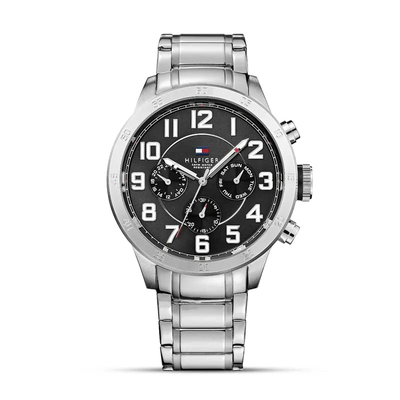 Shop Authentic Tommy Hilfiger Trent Chronograph Black Dial Silver Steel Strap Watch for Men - 1791054 - Luxxuri