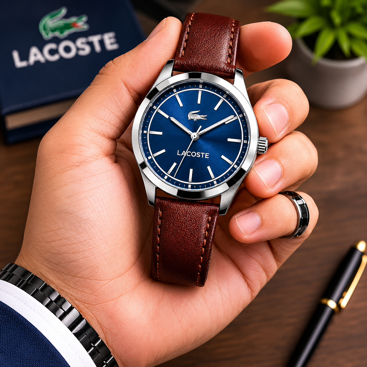 Lacoste Edmonton Blue Dial Brown Leather Strap Watch for Men - 2010889