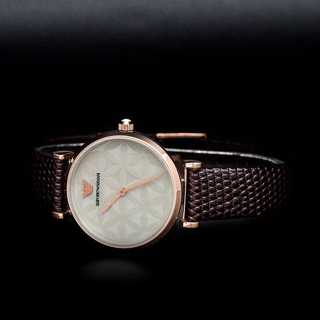 Emporio Armani Gianni T-Bar Silver Dial Brown Leather Strap Watch for Women - AR1990