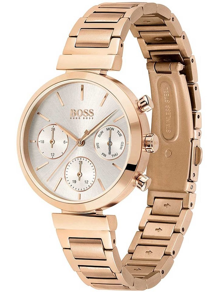 Hugo Boss Flawless Chronograph Silver Dial Rose Gold Steel Strap Watch for Women -1502531