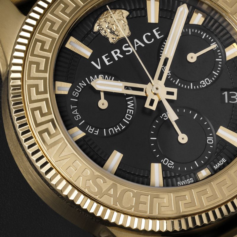 Shop Authentic Versace Greca Action Chronograph Black Dial Gold Steel Strap Watch For Men - VE3J00622 - Luxxuri