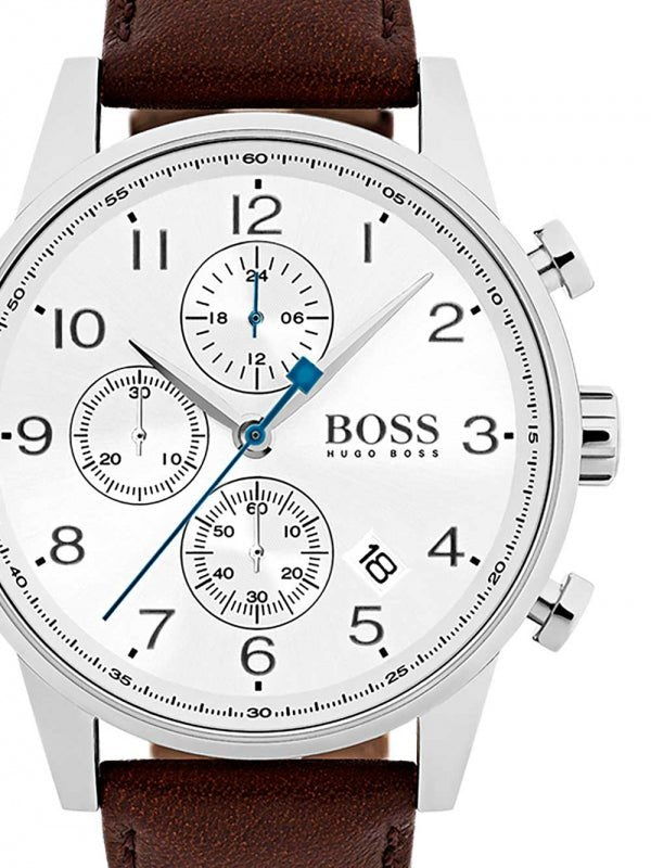 Hugo Boss Navigator Chronograph White Dial Brown Leather Strap Watch for Men - 1513495