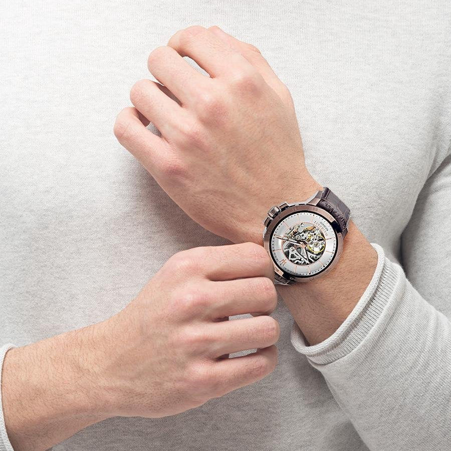 Maserati Ingegno Automatic Skeleton White Dial Brown Leather Strap Watch For Men - R8821119003