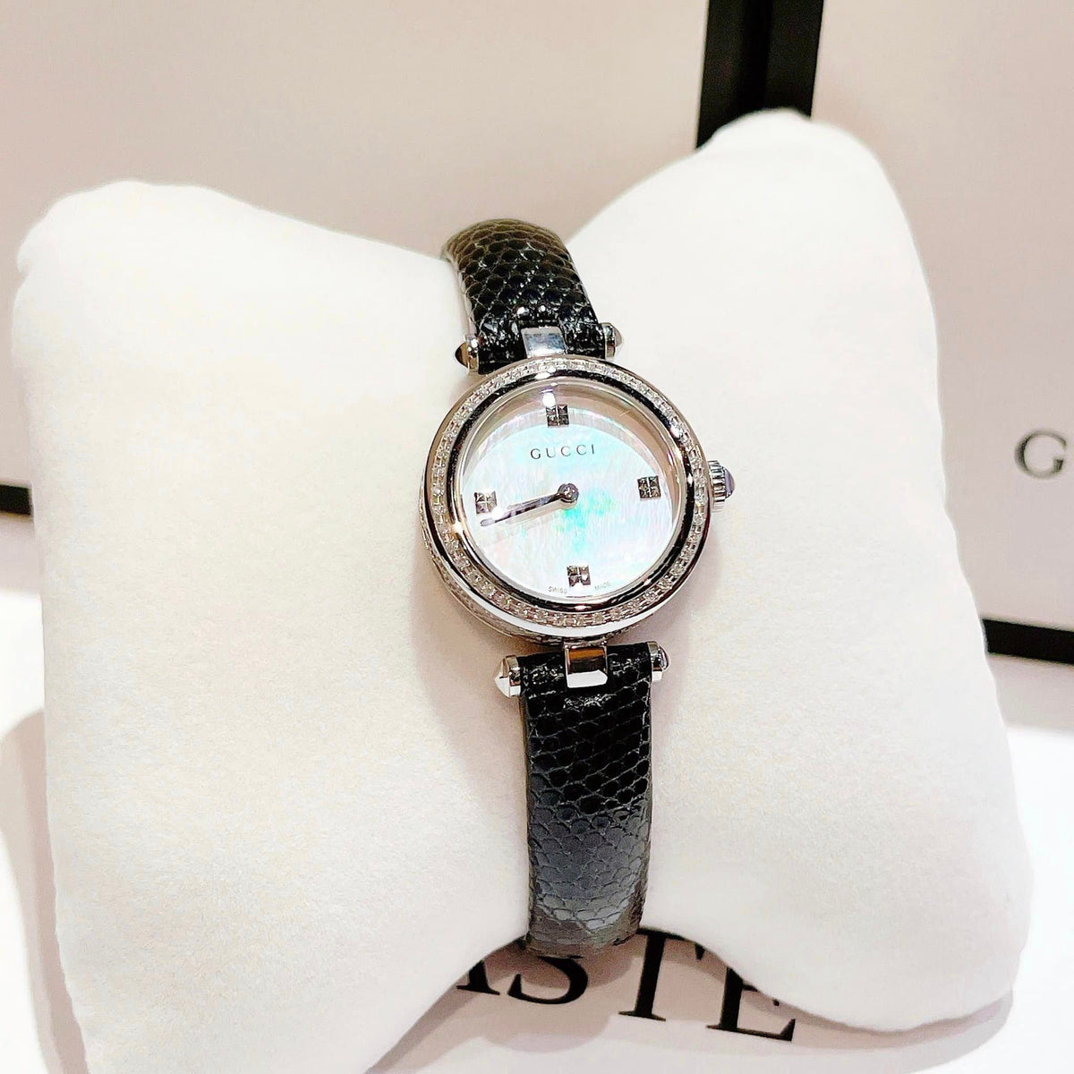 Gucci Diamantissima Diamonds Mother of Pearl Dial Black Leather Strap Watch For Women - YA141511