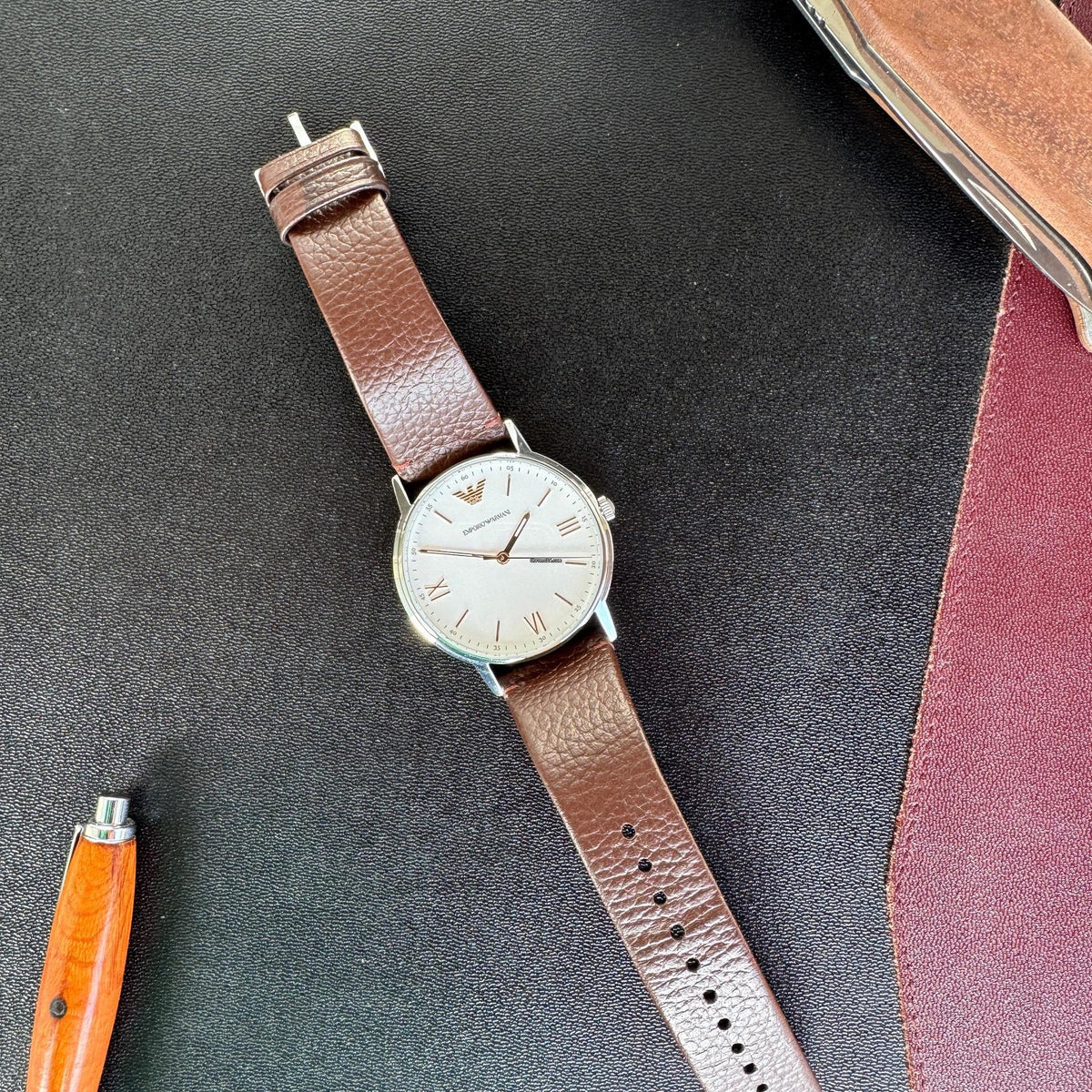 Emporio Armani Kappa Silver Dial Brown Leather Strap Watch for Men - AR11173