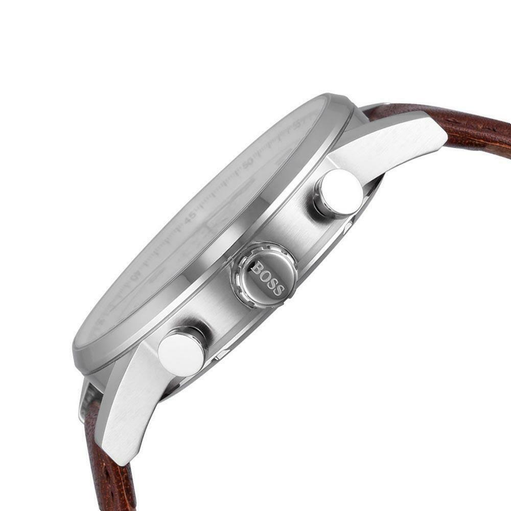Hugo Boss Navigator Chronograph White Dial Brown Leather Strap Watch for Men - 1513495