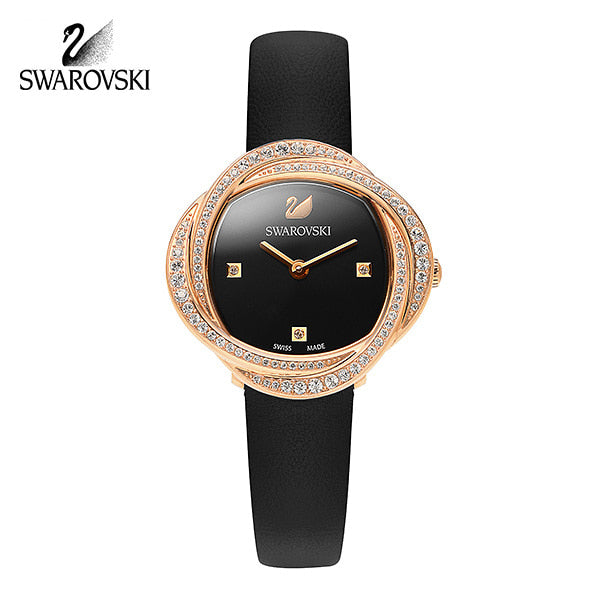 Shop Authentic Swarovski Crystal Flower Black Dial Black Leather Strap Watch for Women - 5552421 - Luxxuri