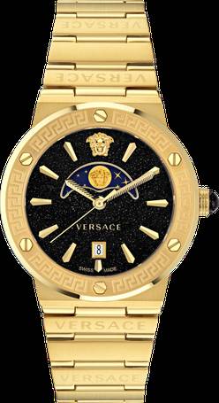 Shop Authentic Versace Greca Moonphase Quartz Black Dial Gold Steel Strap Watch for Men - VE7G00323 - Luxxuri