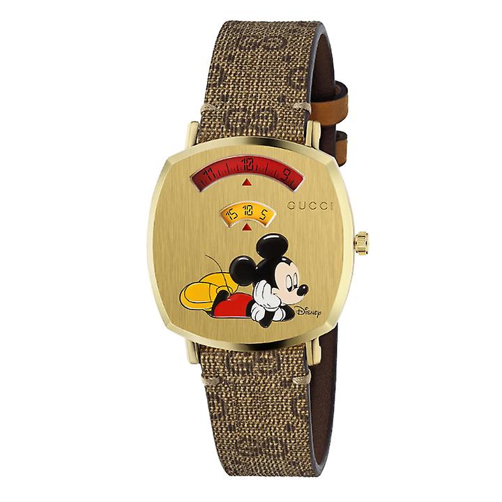 Shop Authentic Gucci Grip Disney Mickey Mouse Gold Dial Brown Leather Strap Watch For Women - YA157420 - Luxxuri