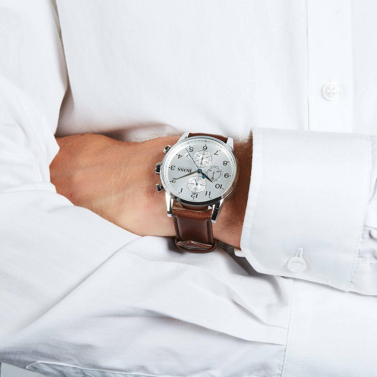 Hugo Boss Navigator Chronograph White Dial Brown Leather Strap Watch for Men - 1513495