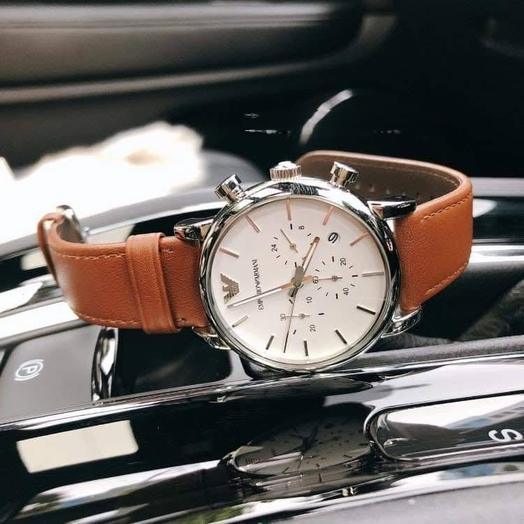 Emporio Armani Luigi Chronograph Silver Dial Brown Leather Strap Watch for Men - AR1846