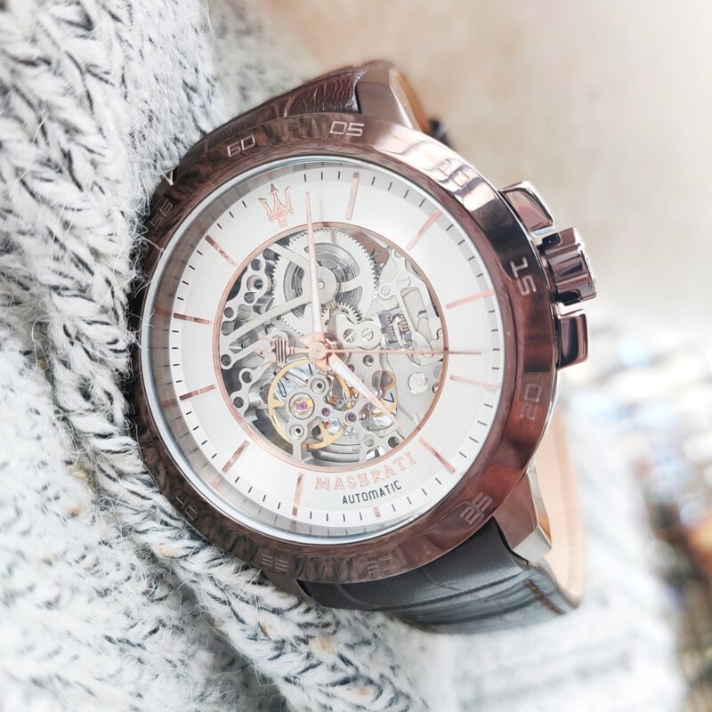 Maserati Ingegno Automatic Skeleton White Dial Brown Leather Strap Watch For Men - R8821119003