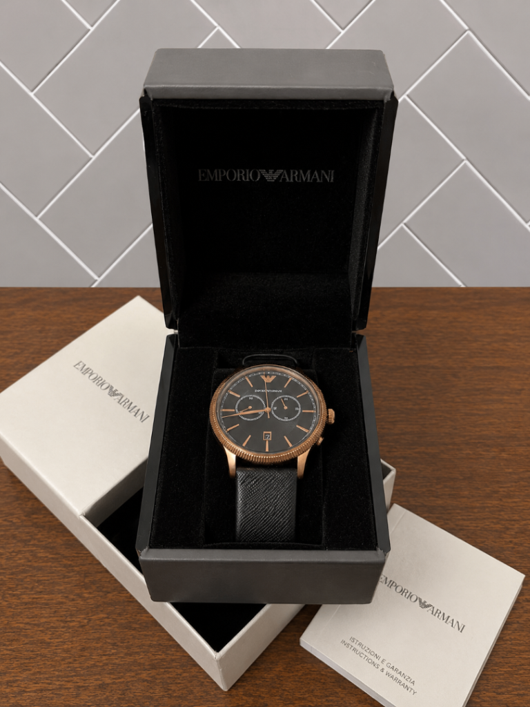 Emporio Armani Alpha Large Chronograph Black Dial Black Leather Strap Watch for Men - AR1792