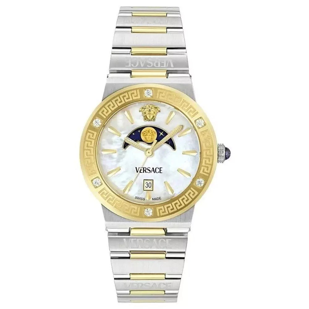 Shop Authentic Versace Greca Logo Moonphase Mother of Pearl Dial Two Tone Steel Strap Watch for Women - VE7G00524 - Luxxuri