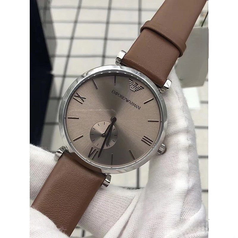 Emporio Armani Gianni Silver Dial Brown Leather Strap Watch for Men - AR1675