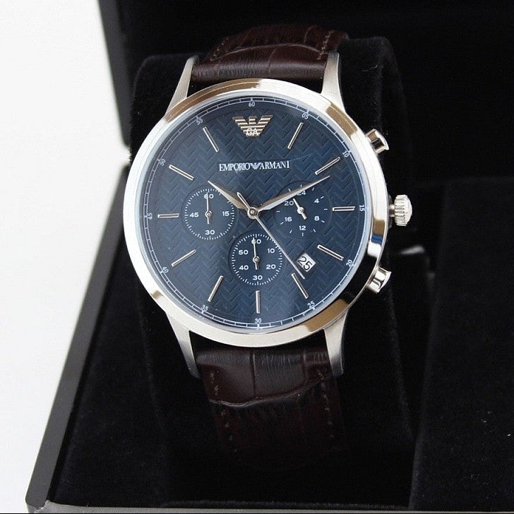 Emporio Armani Renato Chronograph Blue Dial Black Leather Strap Watch for Men - AR2494