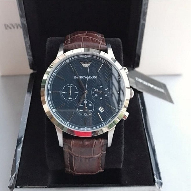 Emporio Armani Renato Chronograph Blue Dial Black Leather Strap Watch for Men - AR2494