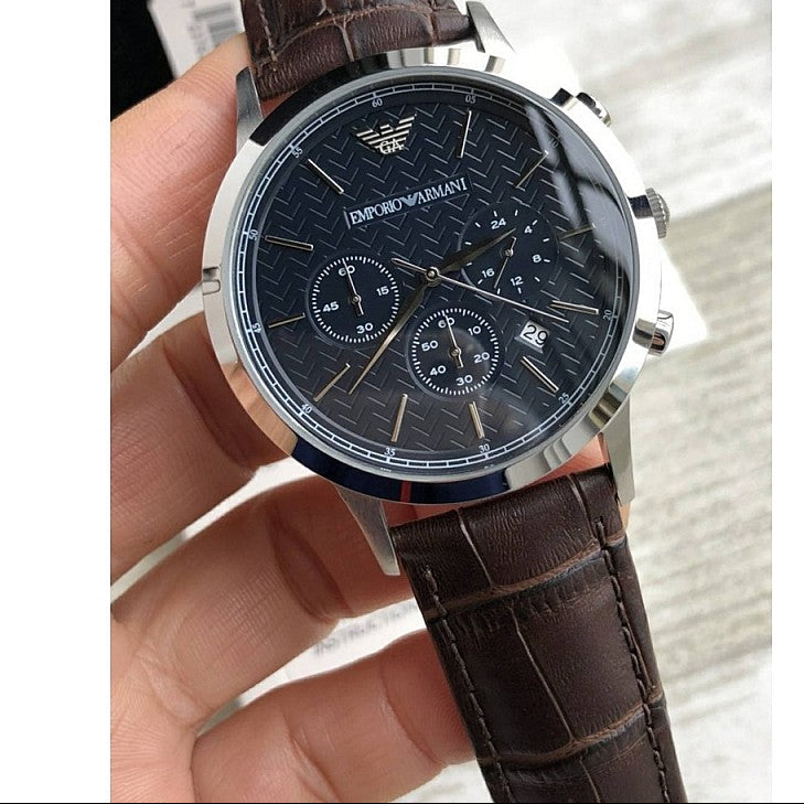Emporio Armani Renato Chronograph Blue Dial Black Leather Strap Watch for Men - AR2494