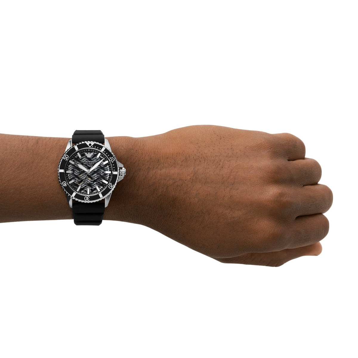Emporio Armani Sea Explorer Meccanico Automatic Black Dial Black Silicone Strap Watch For Men - AR60062