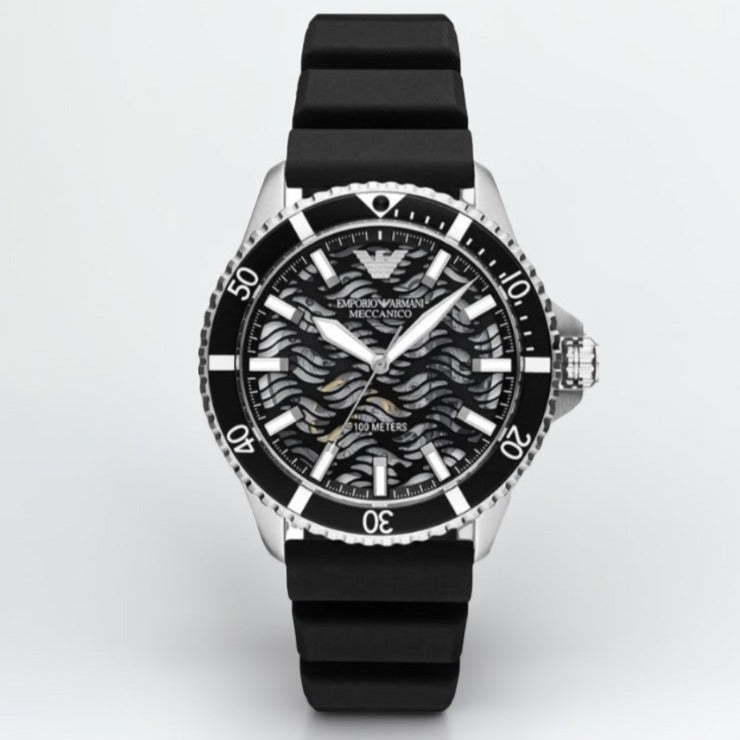 Emporio Armani Sea Explorer Meccanico Automatic Black Dial Black Silicone Strap Watch For Men - AR60062