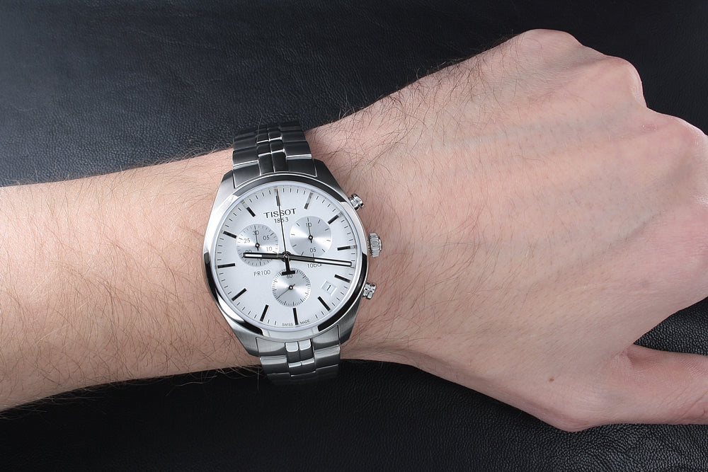 Tissot T Classic PR 100 Chronograph Silver Dial Silver Steel Strap Watch For Men - T101.417.11.031.00