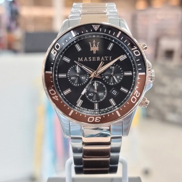 Maserati SFIDA Chronograph Black Dial Two Tone Steel Strap Watch For Men - R8873640009