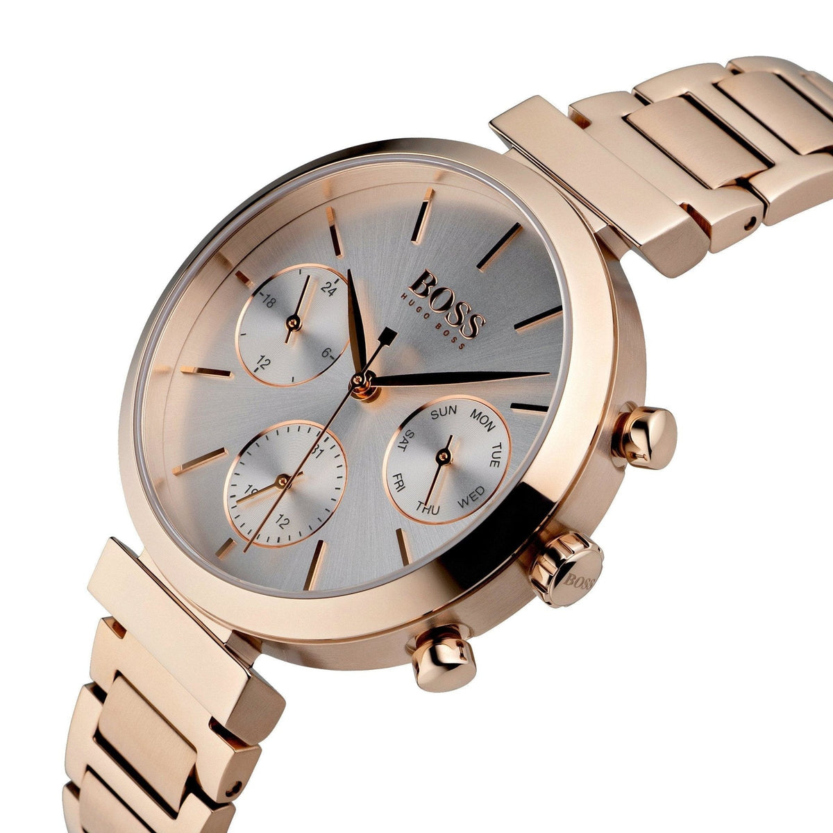 Hugo Boss Flawless Chronograph Silver Dial Rose Gold Steel Strap Watch for Women -1502531
