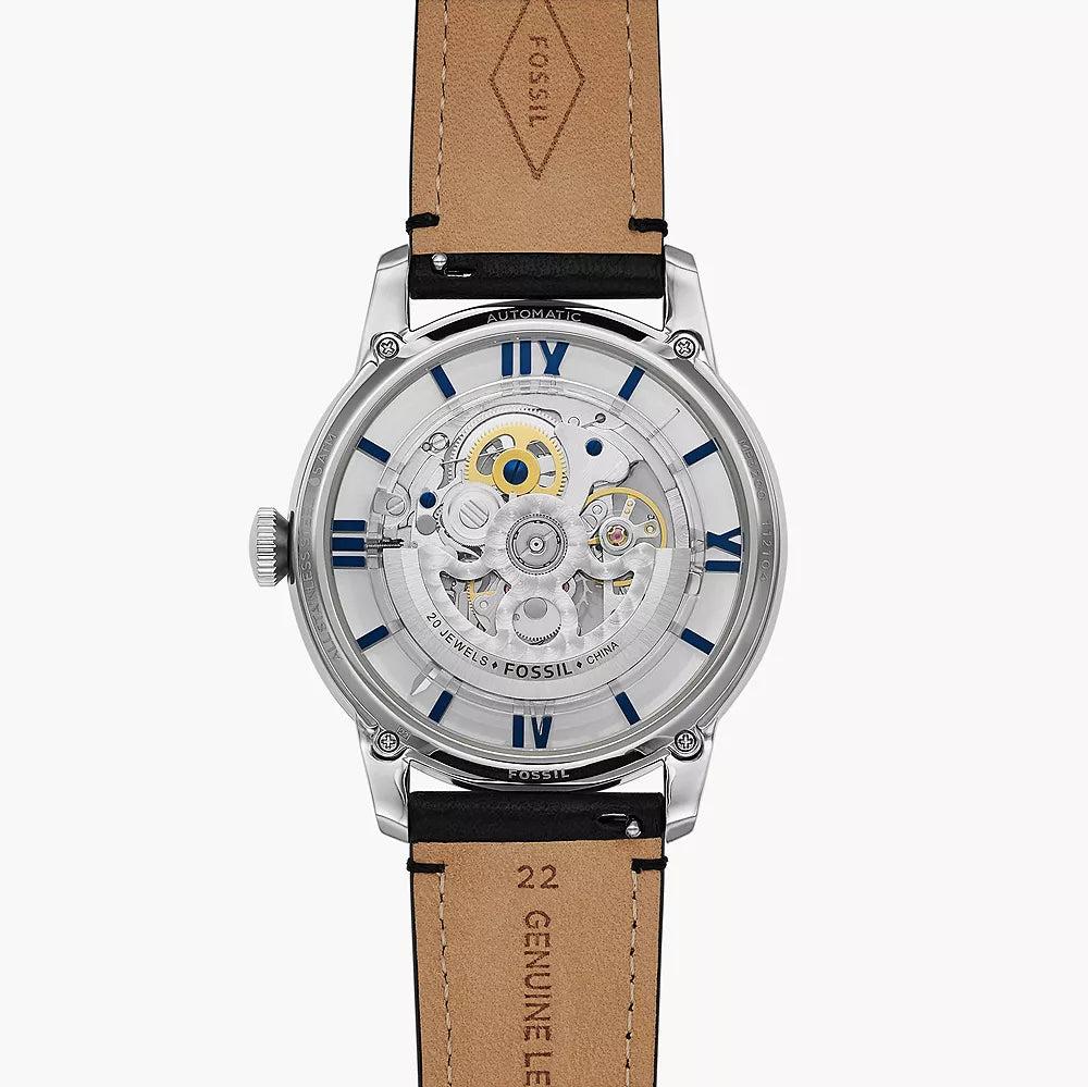 Fossil Townsman Automatic Skeleton Blue Dial Black Leather Strap Watch for Men - ME3200