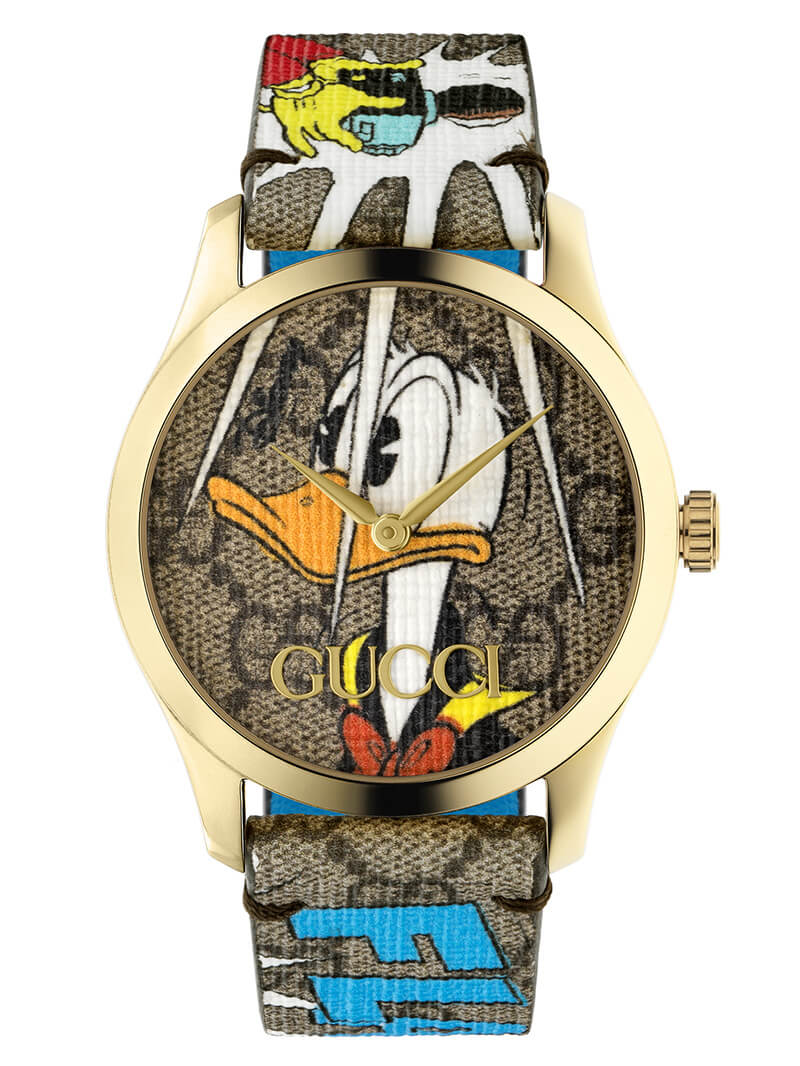 Shop Authentic Gucci G Timeless Disney Donald Duck Brown Dial Brown Leather Strap Watch For Women - YA1264167 - Luxxuri