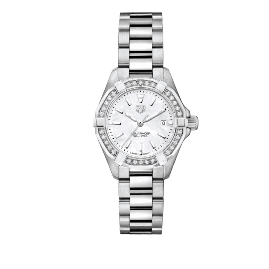 Shop Authentic Tag Heuer Aquaracer Diamonds Mother of Pearl White Dial Silver Steel Strap Watch for Women - WBD1413.BA0741 - Luxxuri