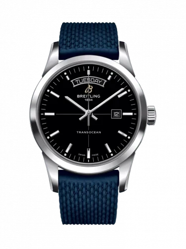 Breitling Transocean Day & Date 42mm Automatic Black Dial Blue Mesh Bracelet Mens Watch - A4531012/BB69/280S/ A20S.1