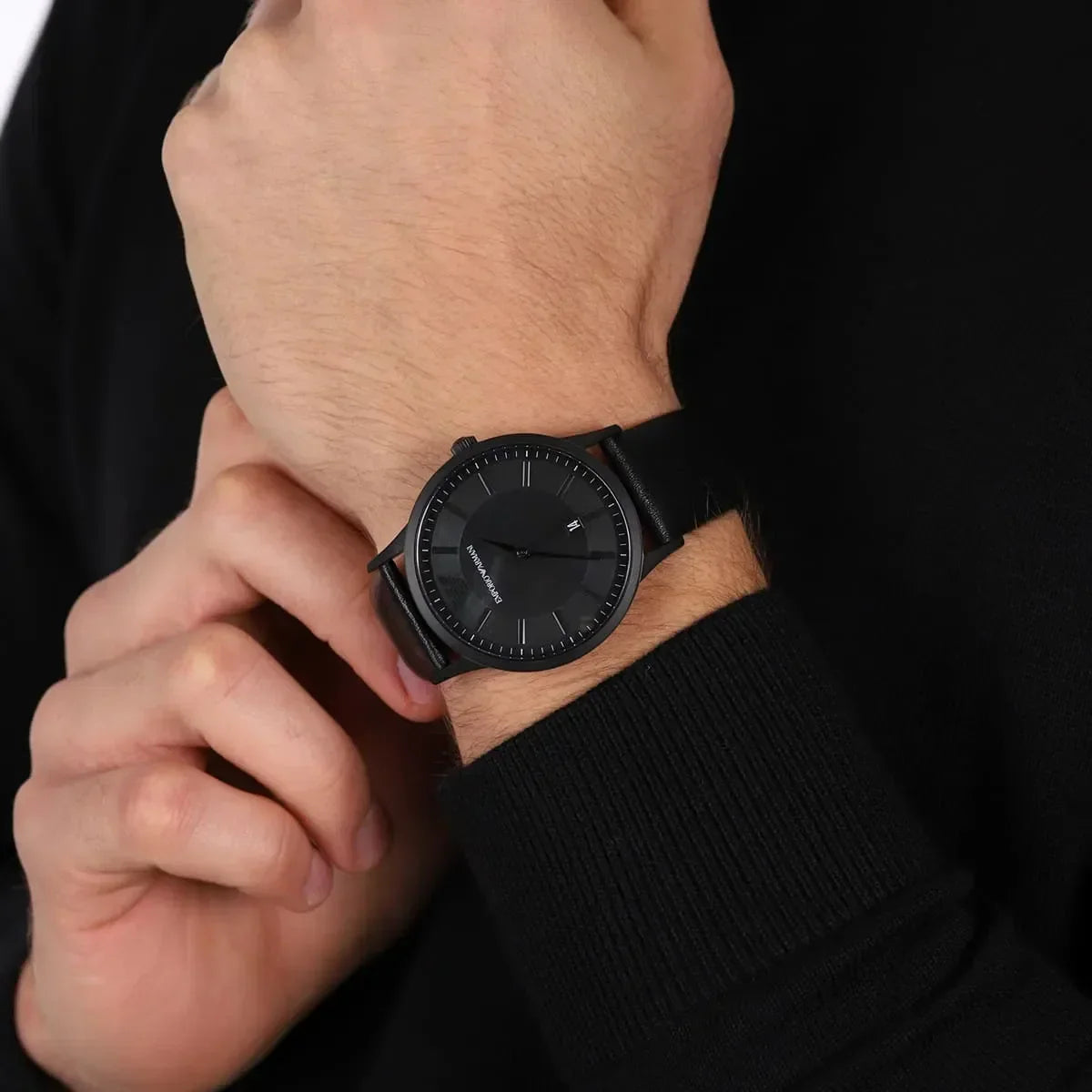 Emporio Armani Renato Black Dial Black Leather Strap Watch for Men - AR11276