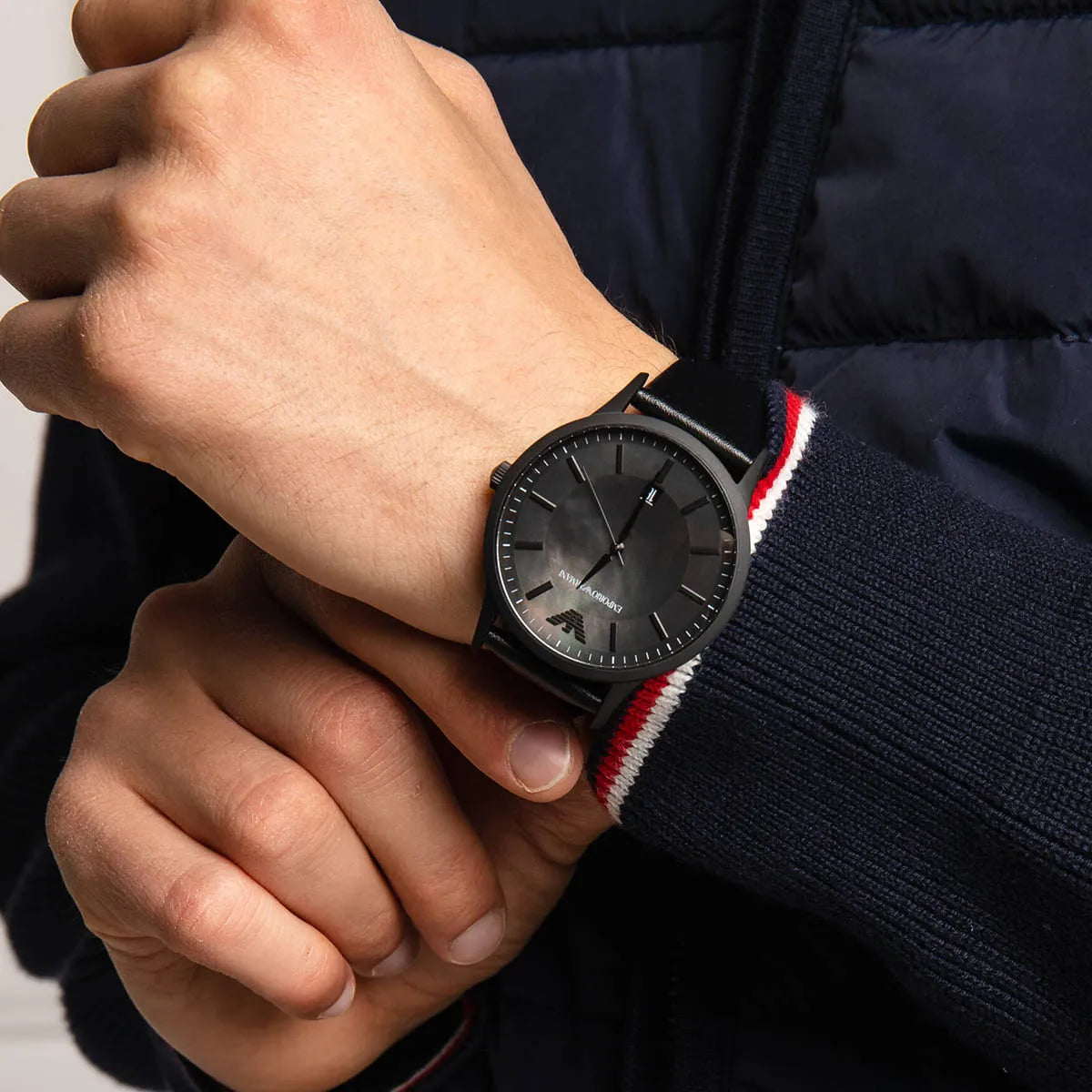 Emporio Armani Renato Black Dial Black Leather Strap Watch for Men - AR11276