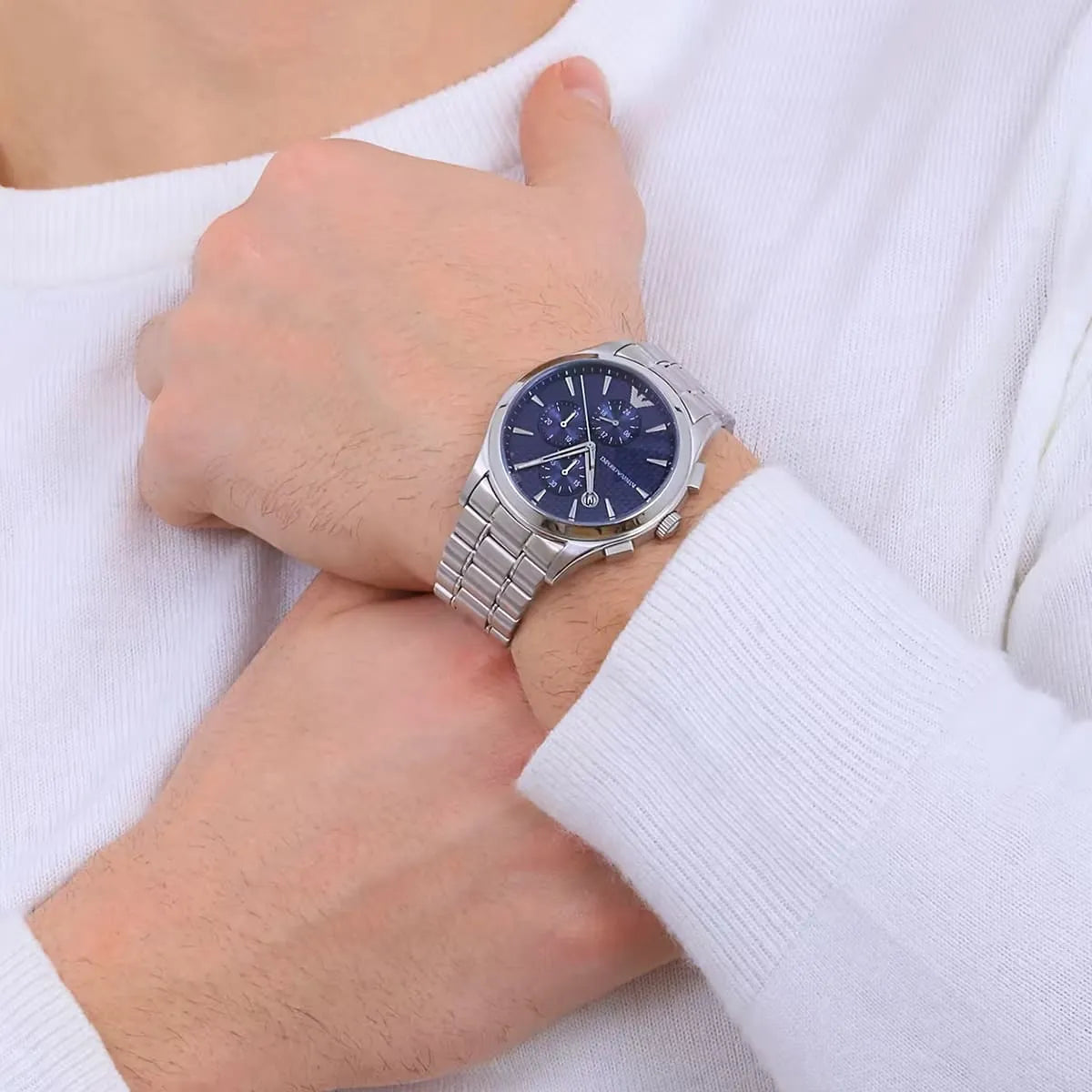 Emporio Armani Renato Chronograph Blue Dial Silver Steel Strap Watch For Men - AR11528