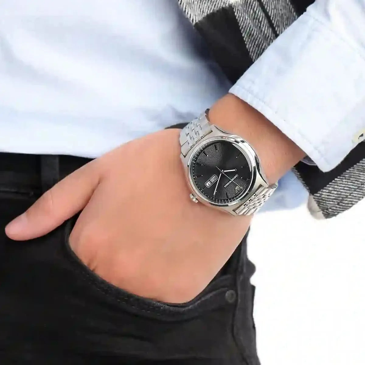 Emporio Armani Zeta Black Dial Silver Steel Strap Watch for Men - AR1977