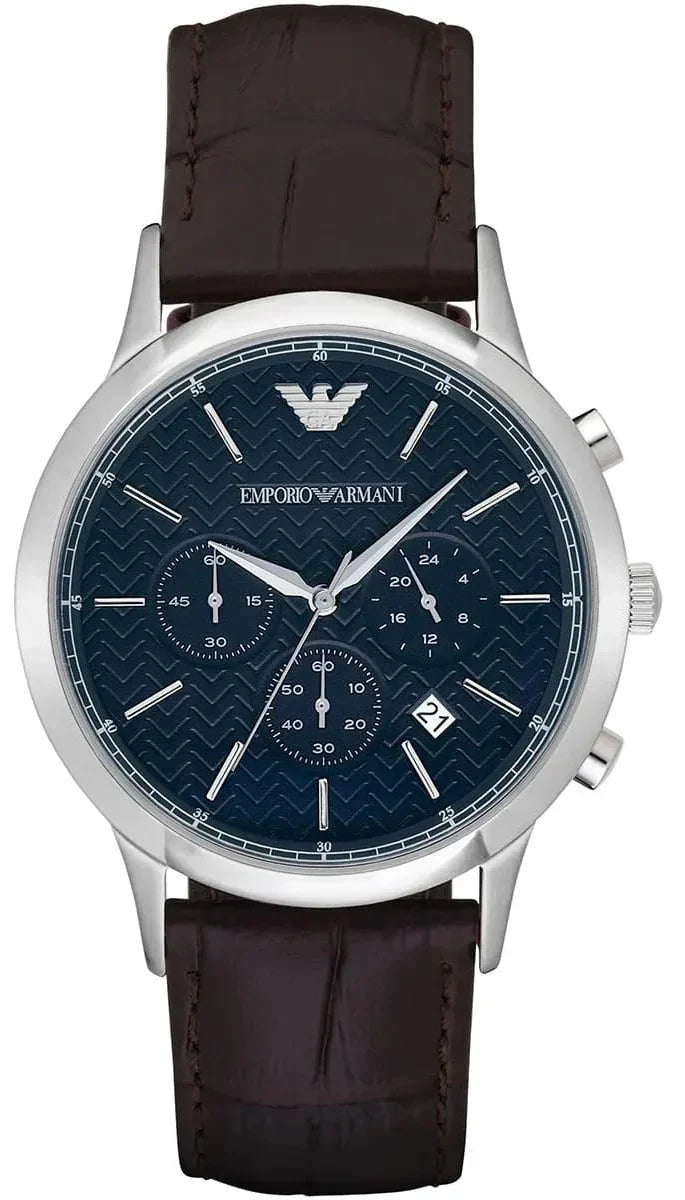 Emporio Armani Renato Chronograph Blue Dial Black Leather Strap Watch for Men - AR2494