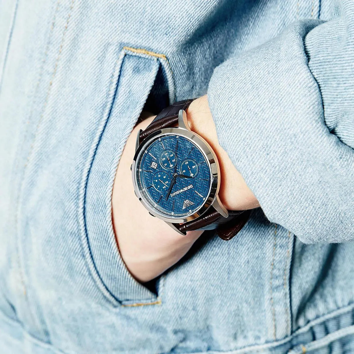 Emporio Armani Renato Chronograph Blue Dial Black Leather Strap Watch for Men - AR2494