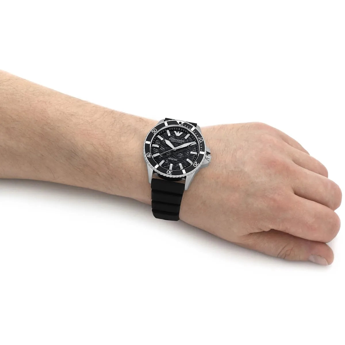 Emporio Armani Sea Explorer Meccanico Automatic Black Dial Black Silicone Strap Watch For Men - AR60062