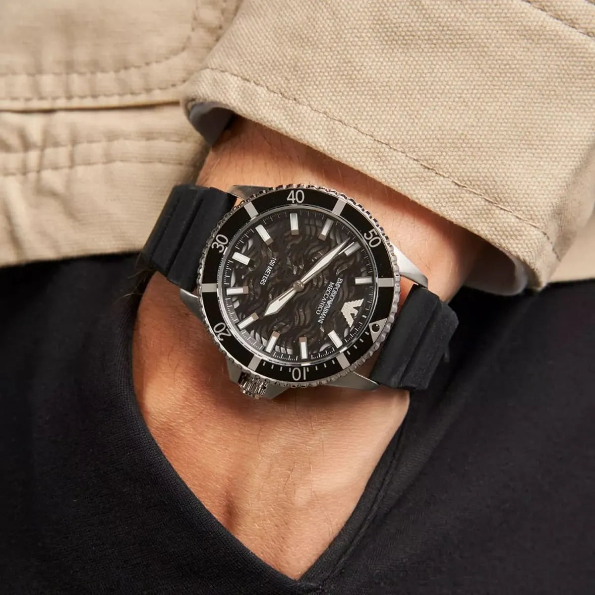 Emporio Armani Sea Explorer Meccanico Automatic Black Dial Black Silicone Strap Watch For Men - AR60062