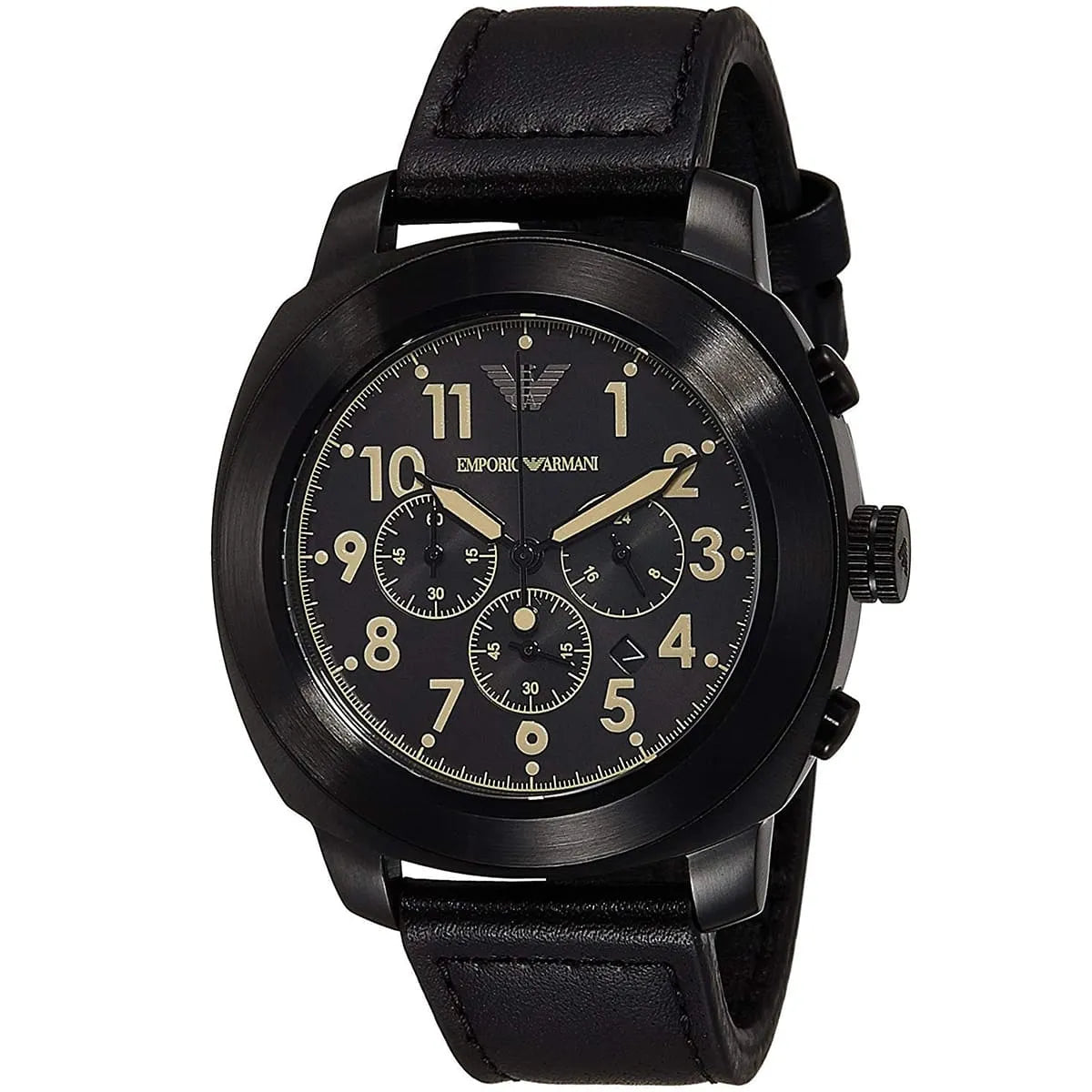Emporio Armani Sportivo Chronograph Black Dial Black Leather Strap Watch for Men - AR6061