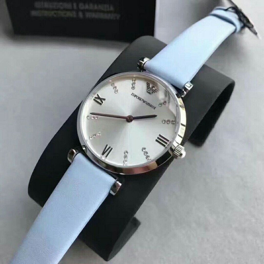 Emporio Armani Gianni T-Bar White Dial Blue Leather Strap Watch for Women - AR1928
