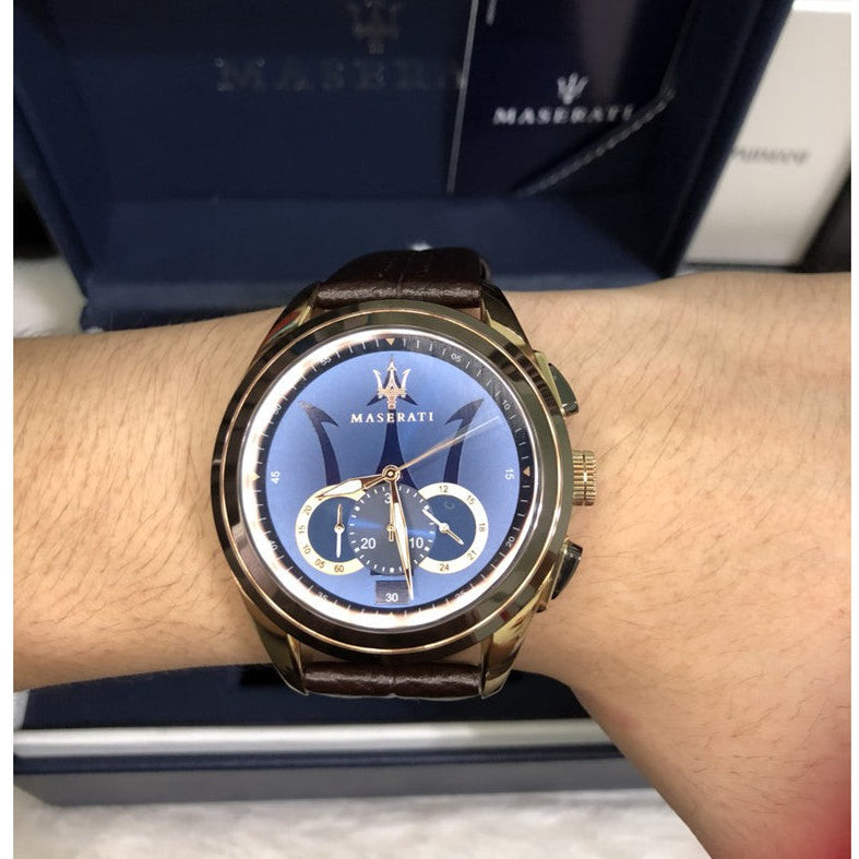 Maserati Traguardo Chronograph Blue Dial Brown Leather Strap Watch For Men - R8871612024